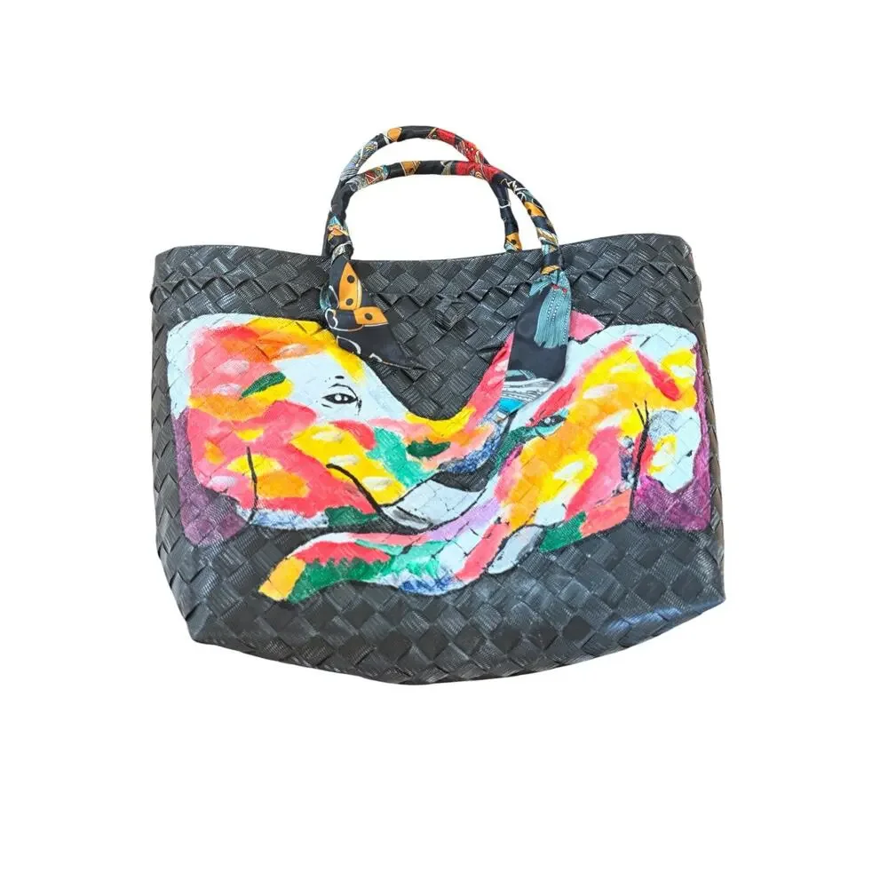 Artistic Black Woven Tote Set with Matching Wallet & Scarf